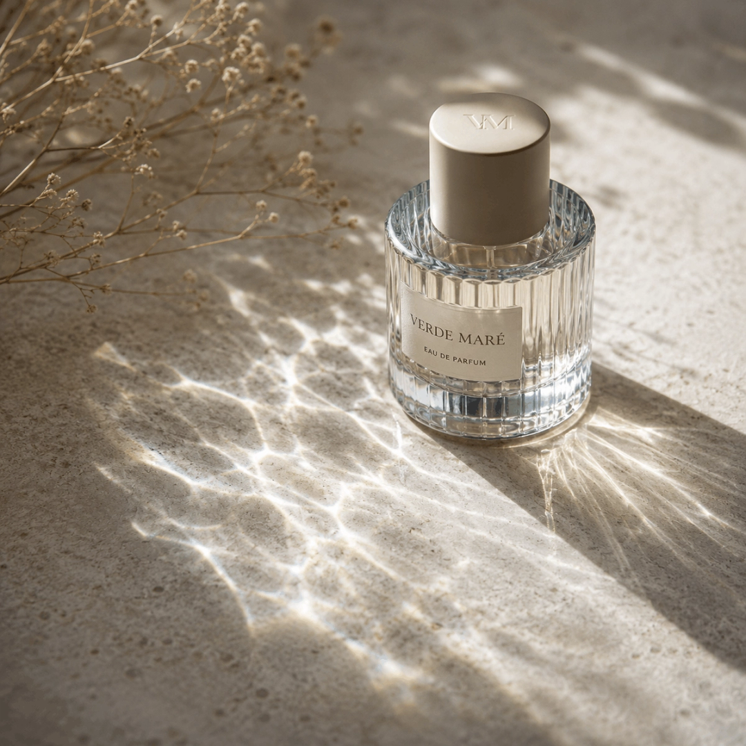 Verde Mare perfume bottle in rippling sunlight