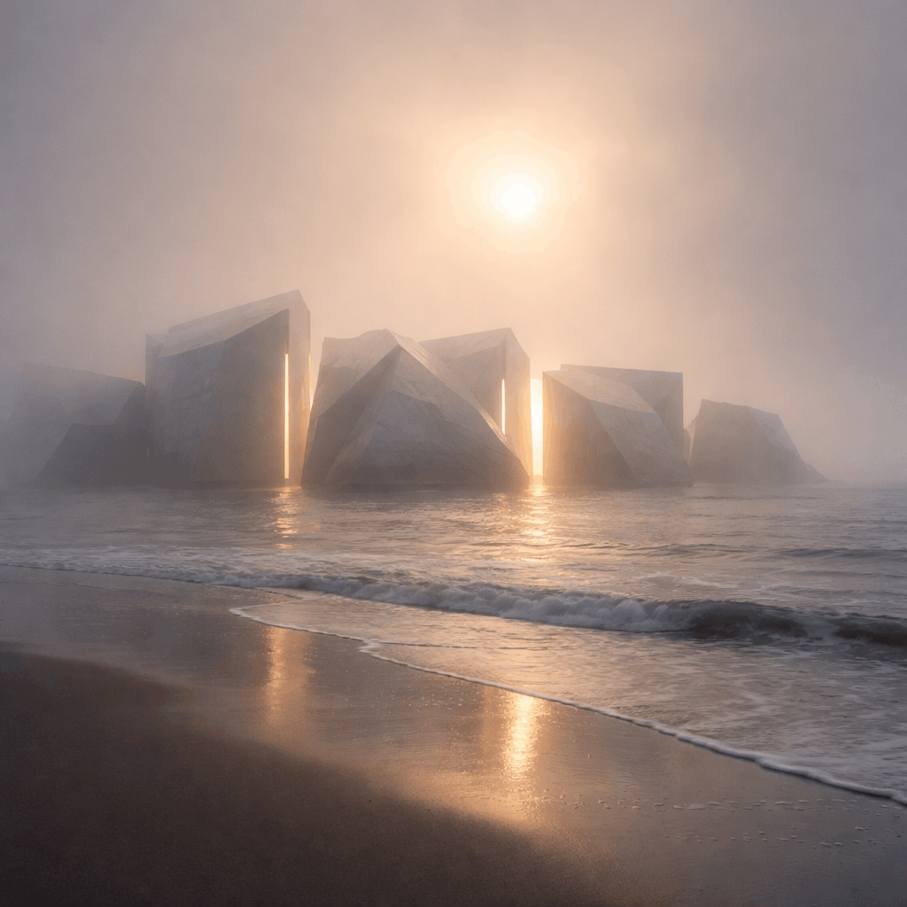 Faceted pavilions on a beach in the fog
