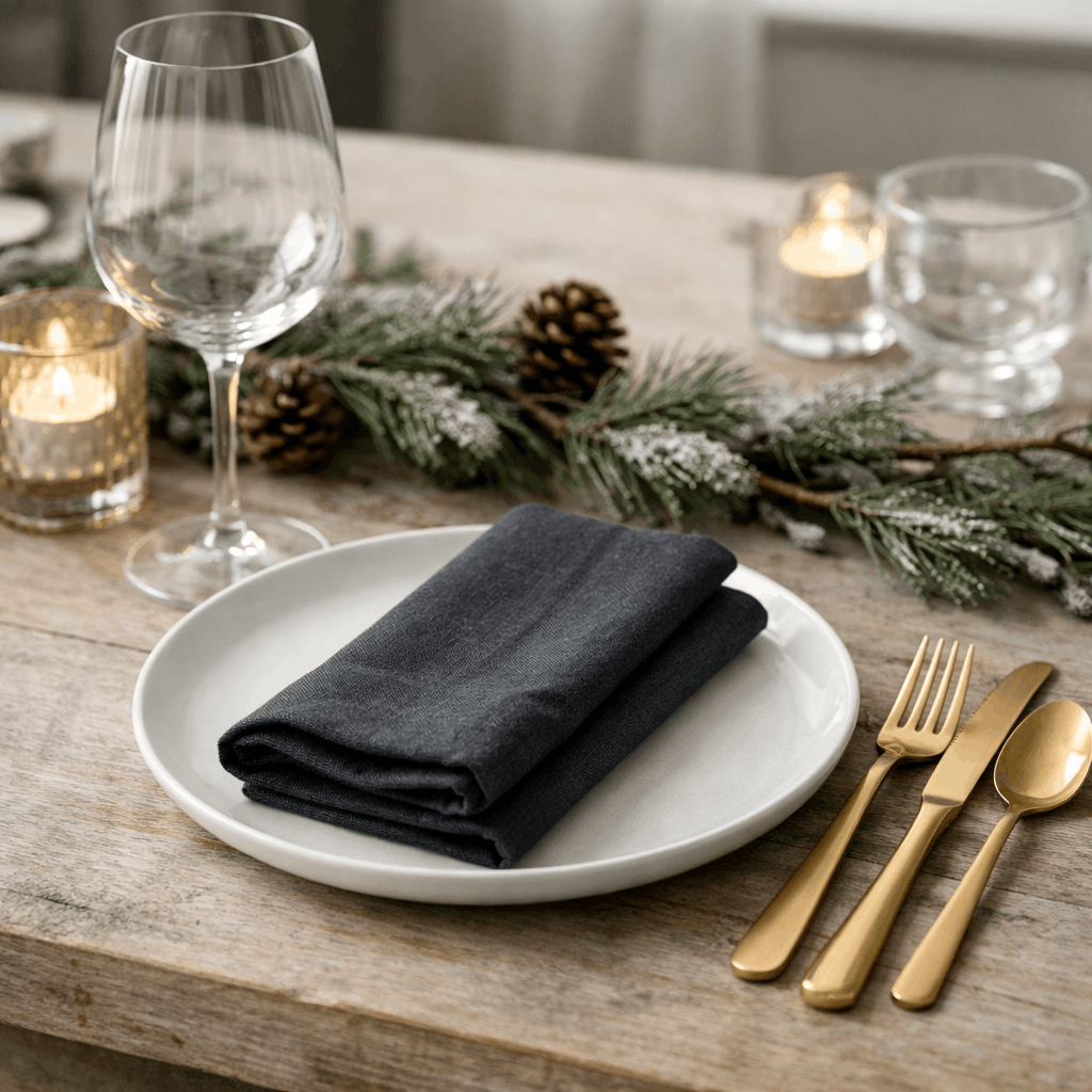 Winter table setting with pine branches and gold cutlery