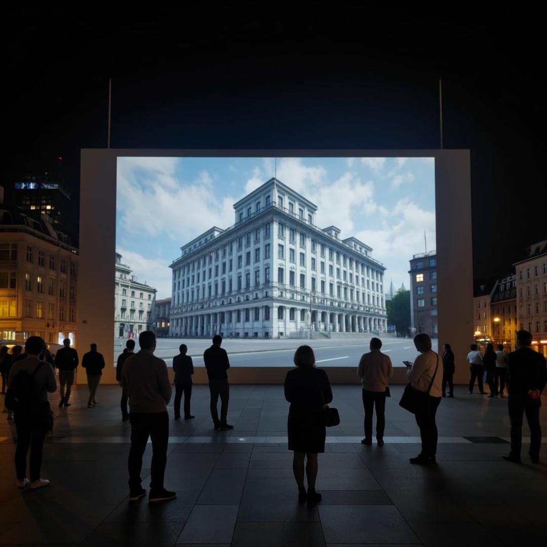 Crowd watching a large projection of a classical building