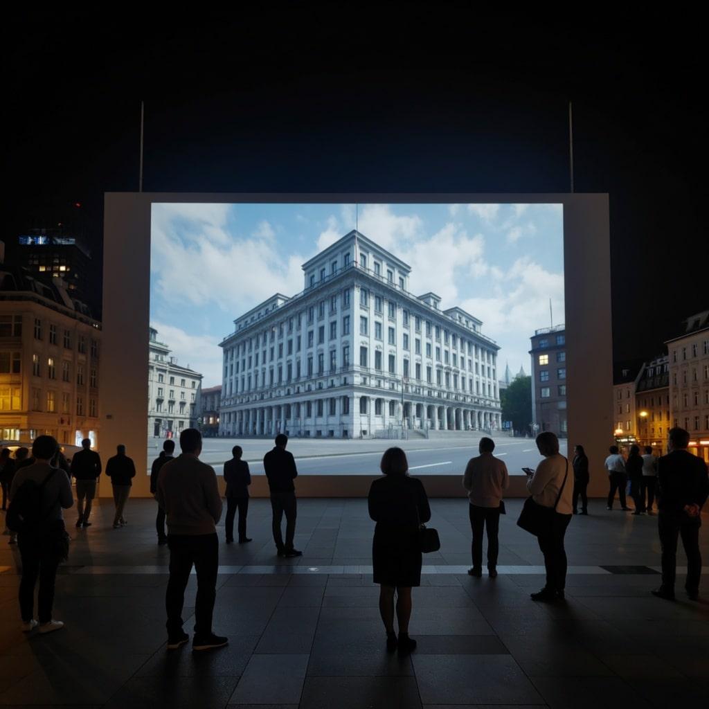 Crowd watching a large projection of a classical building