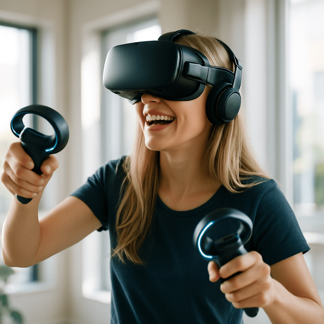 Smiling woman using a VR headset and controllers