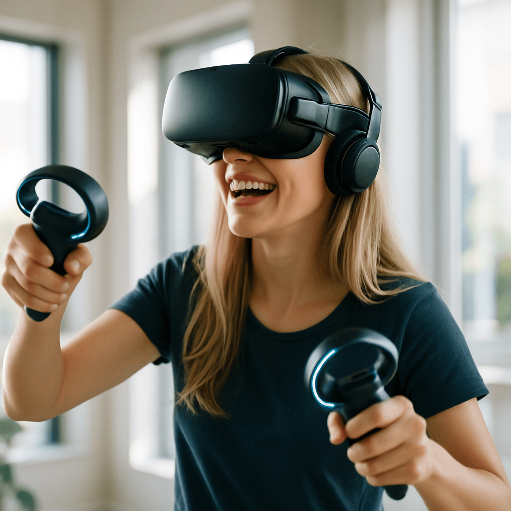 Smiling woman using a VR headset and controllers