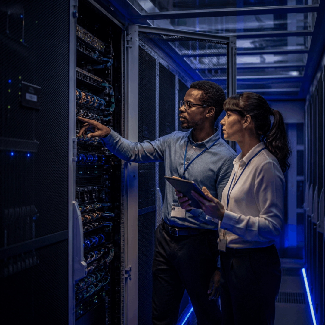 Two technicians checking a server rack