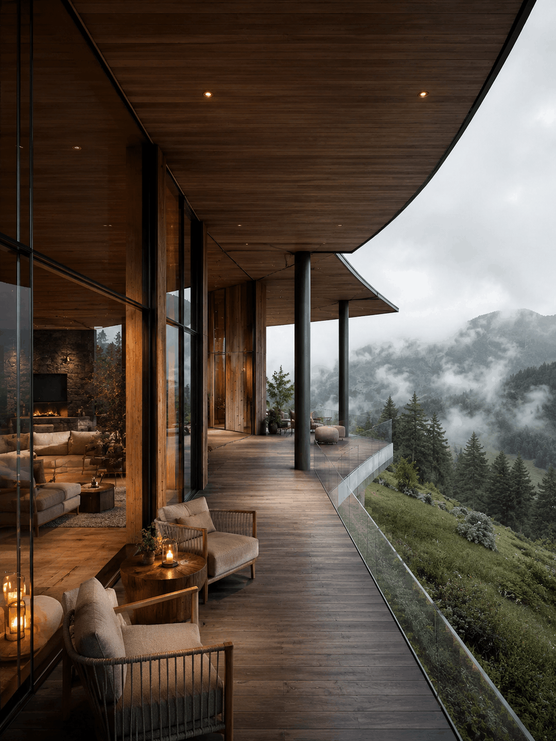 Covered wooden terrace of a mountain home in the mist