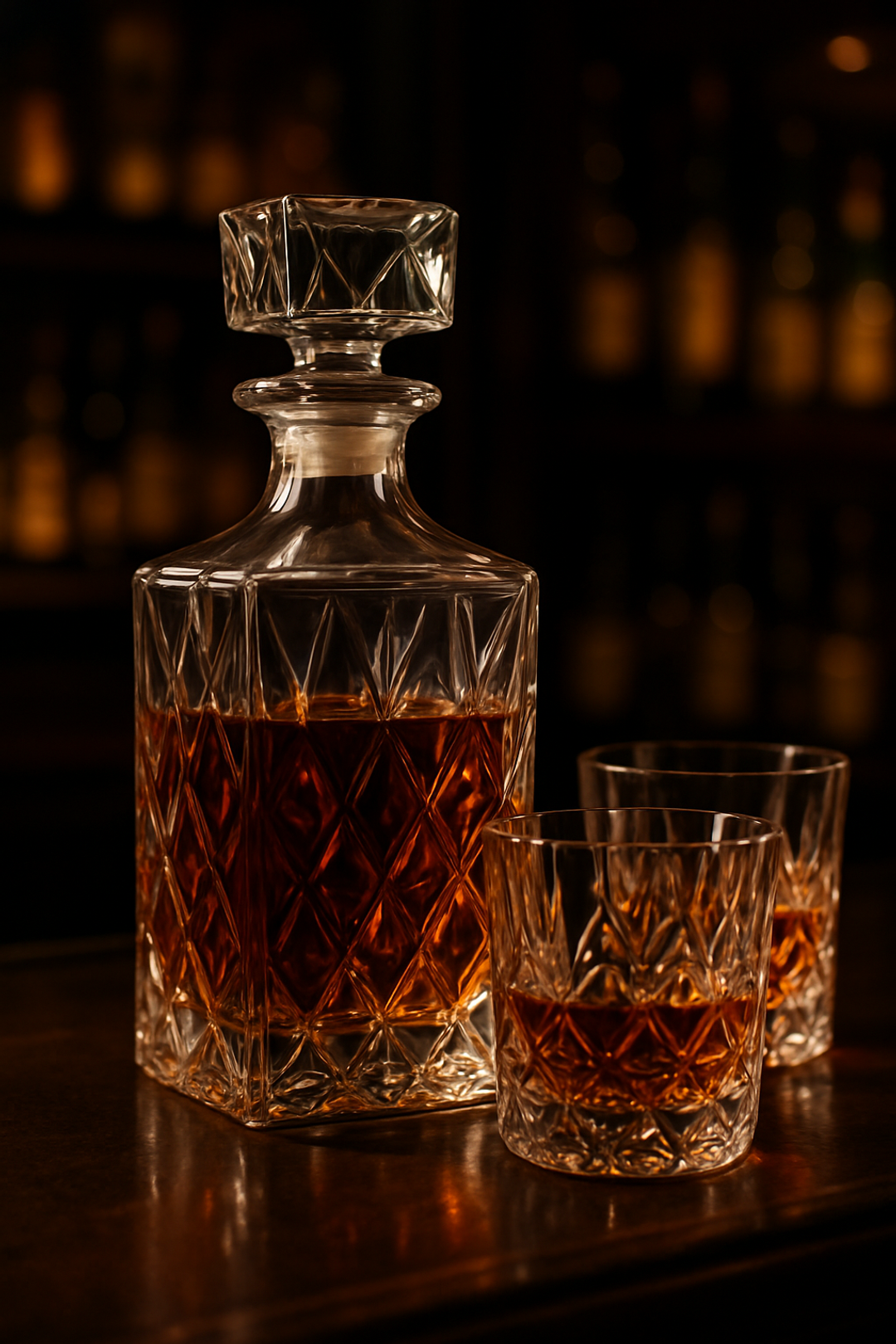 Crystal decanter and two glasses of whisky