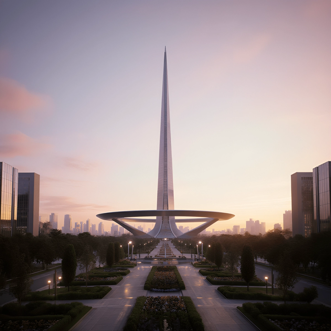Rendering of a spire above a ring shaped plaza at dusk