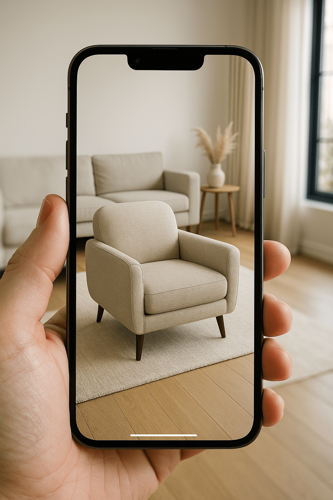 Phone previewing an armchair in a living room through augmented reality