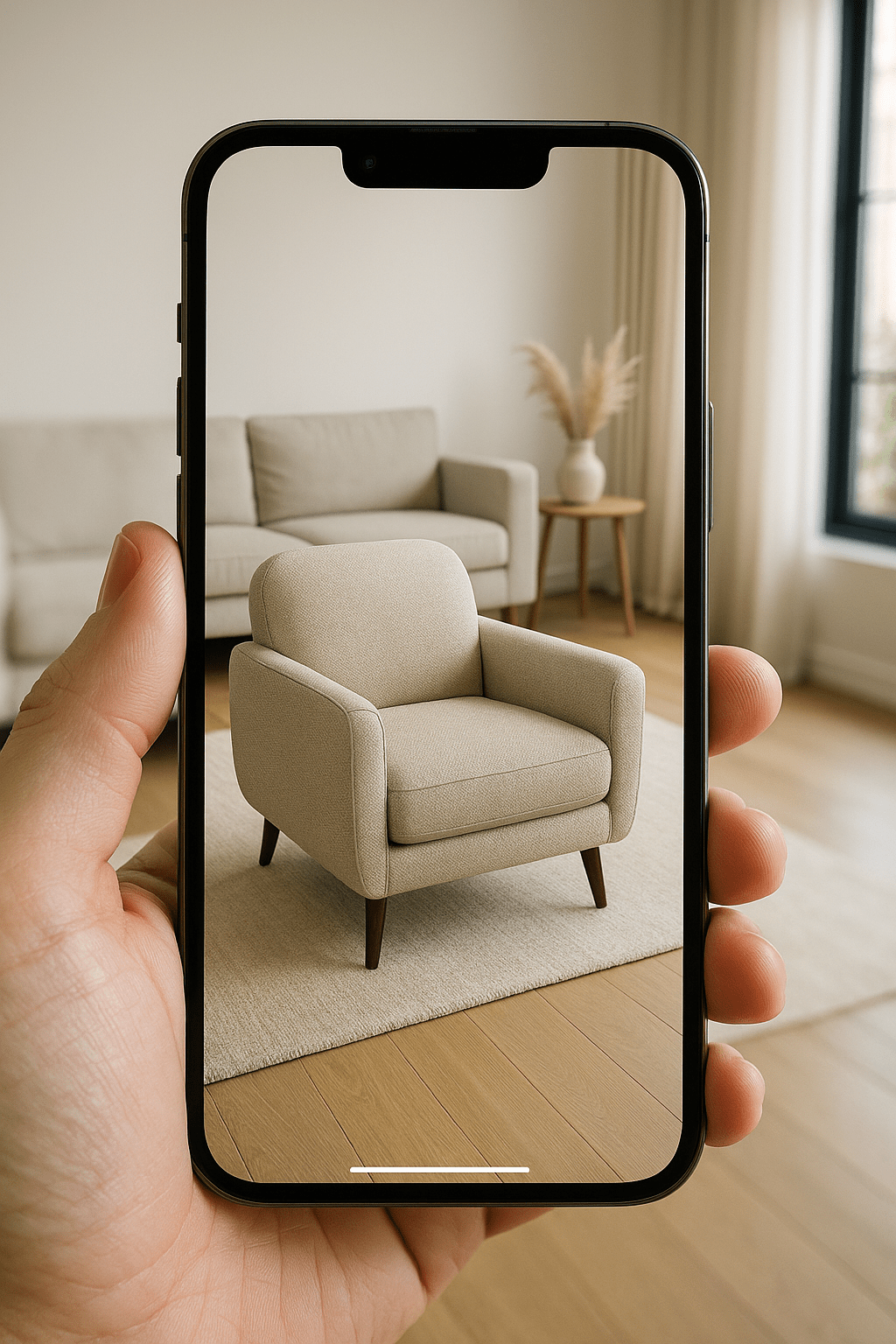 Phone previewing an armchair in a living room through augmented reality