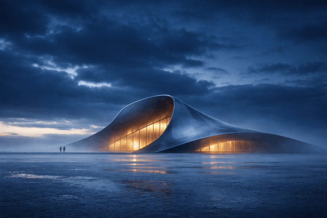 Wave shaped building on a frozen plain at night