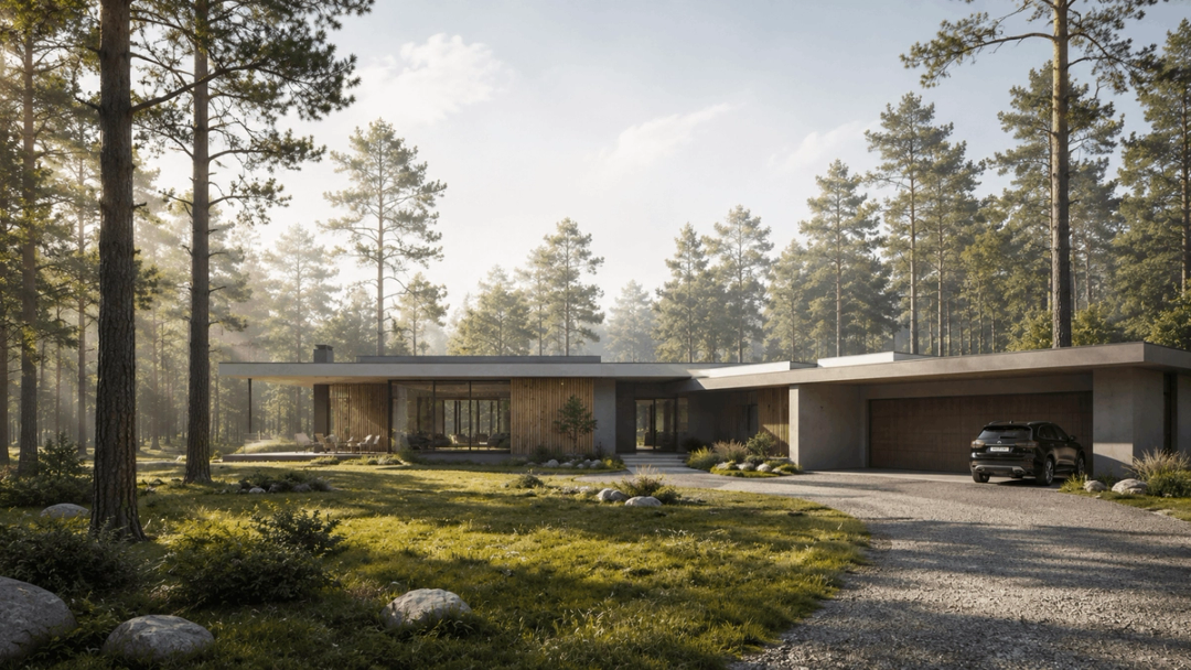 Low modern house in a pine forest