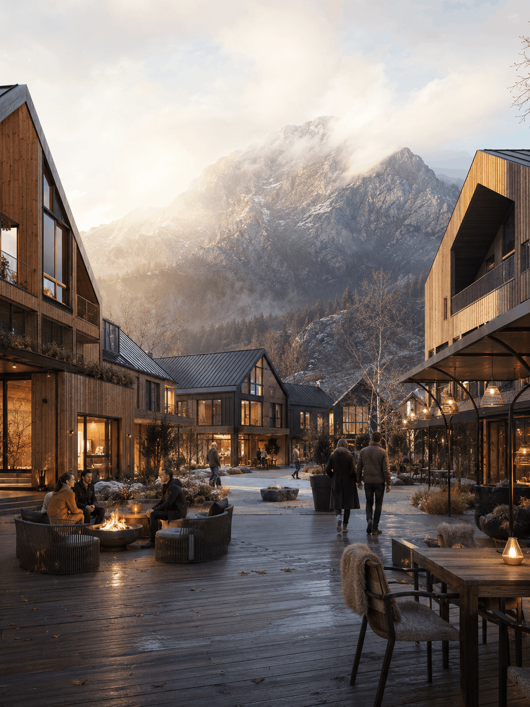 Wooden mountain village square with terraces at dusk