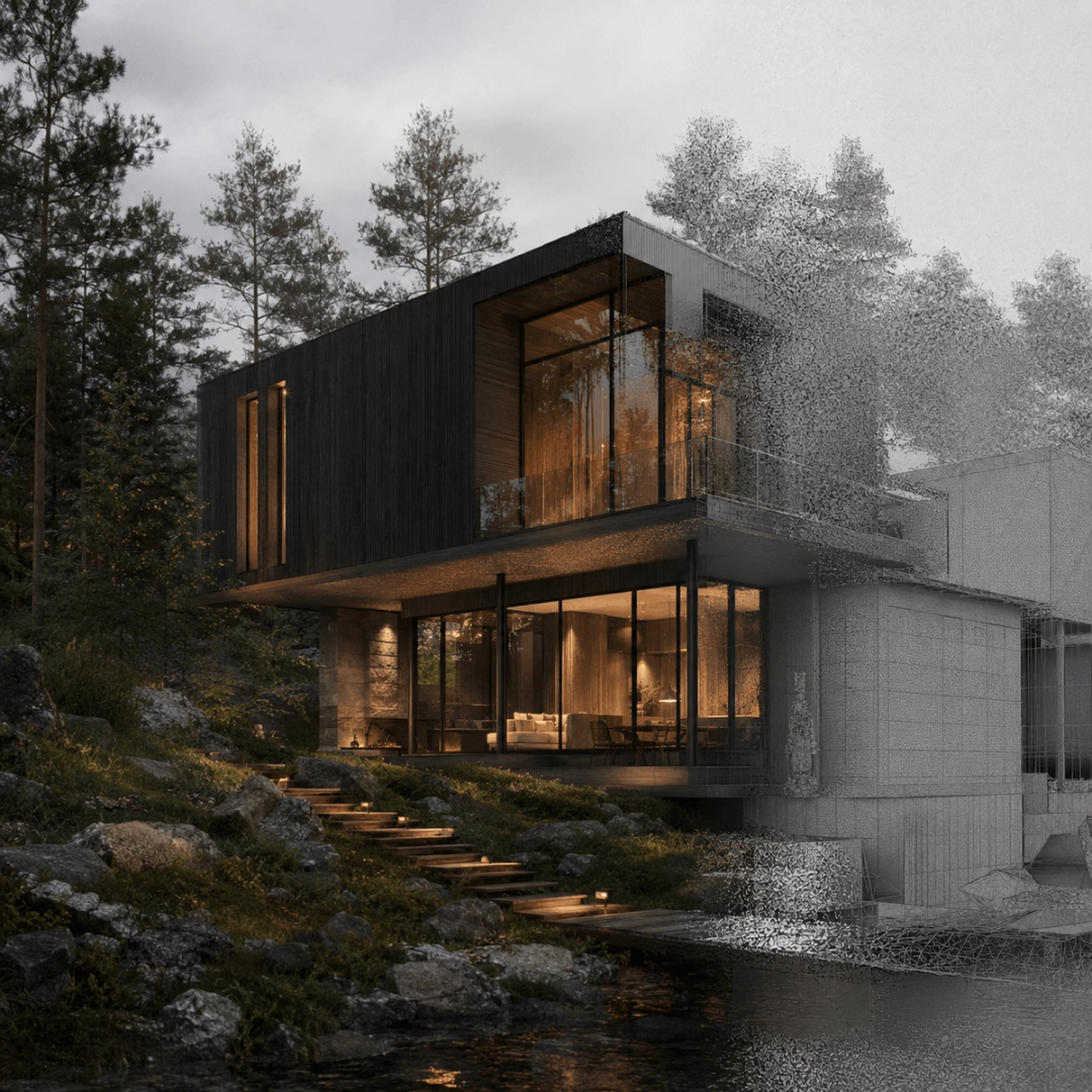 House rendering shown half finished and half in wireframe