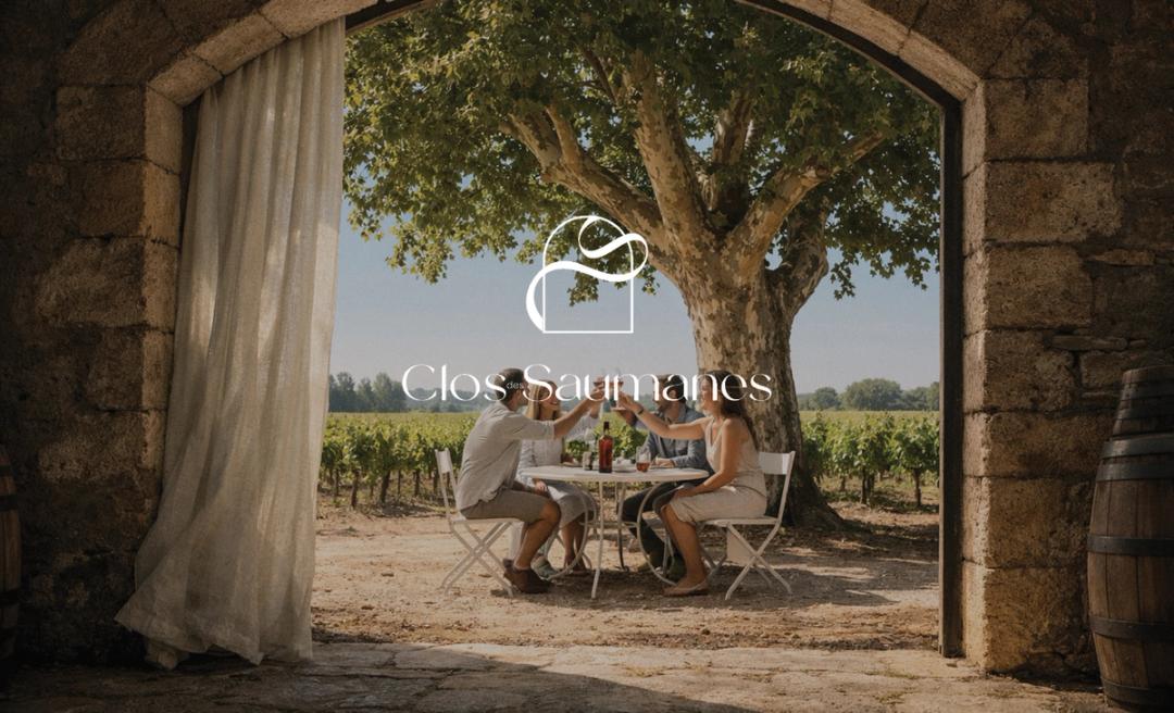 The Clos des Saumanes world: a shared table by the vines, seen through the stone arch of the cellar, under the monogram and wordmark
