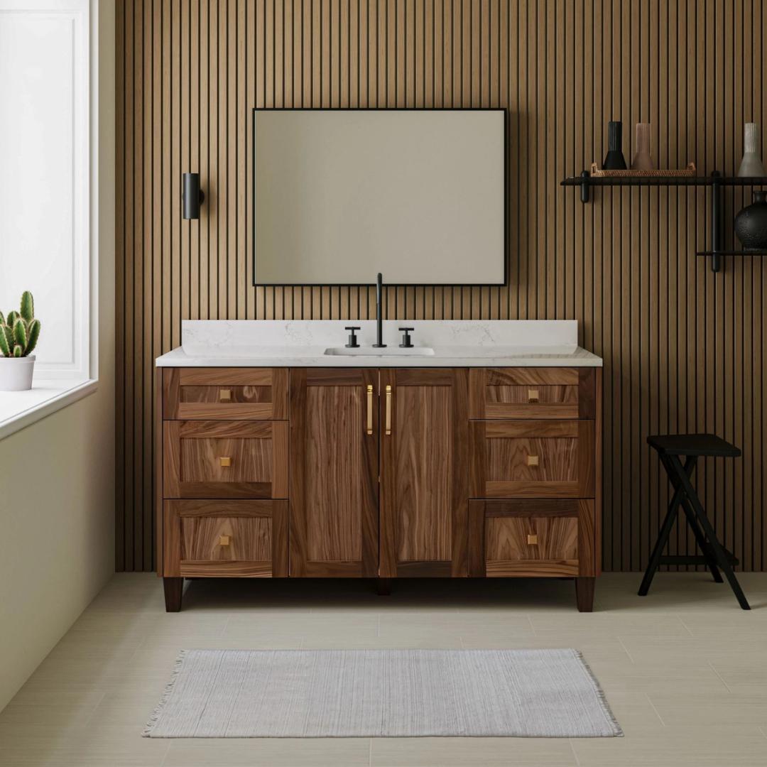 Walnut vanity against slatted wood panels