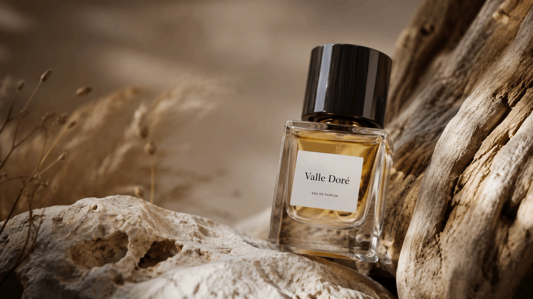 Valle Doré perfume bottle among driftwood and stone