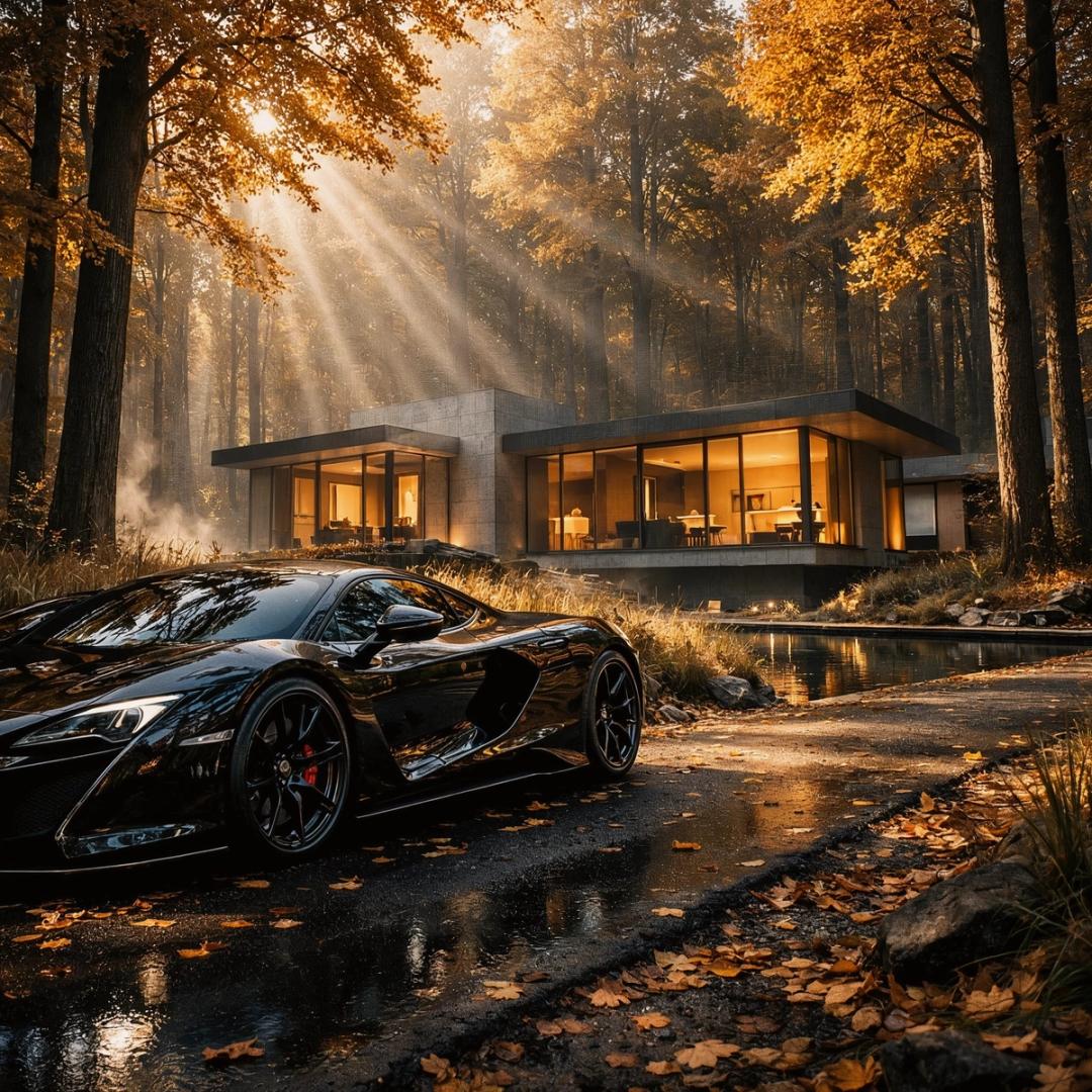 Black sports car outside a glass house in an autumn forest