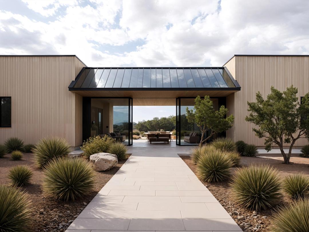 Exterior rendering of a courtyard house with a garden path