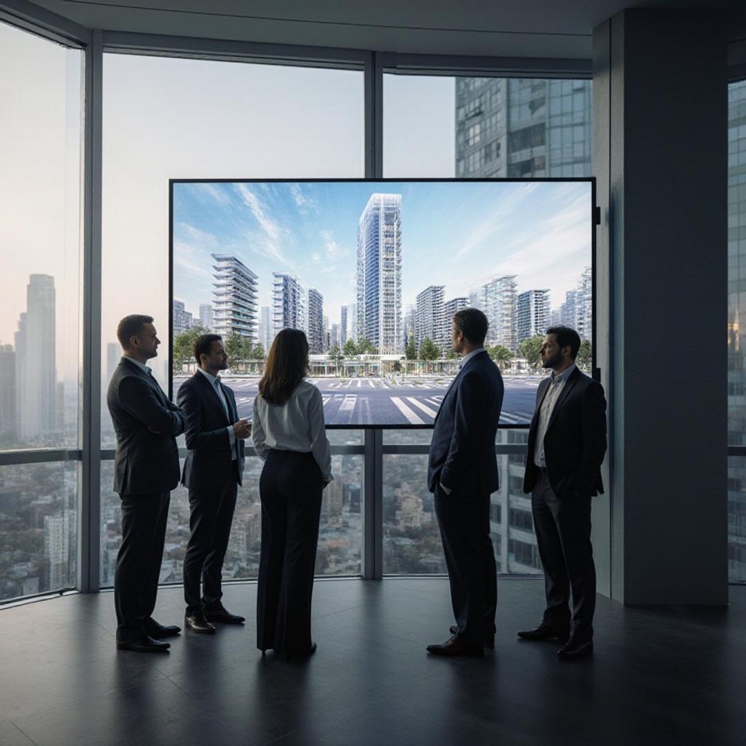 Architects reviewing a rendering of a residential tower on a large screen