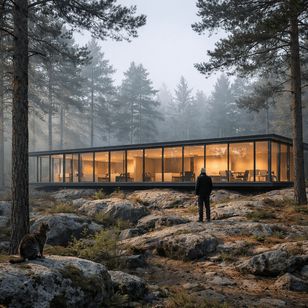 Glass pavilion lit at dusk in a pine forest