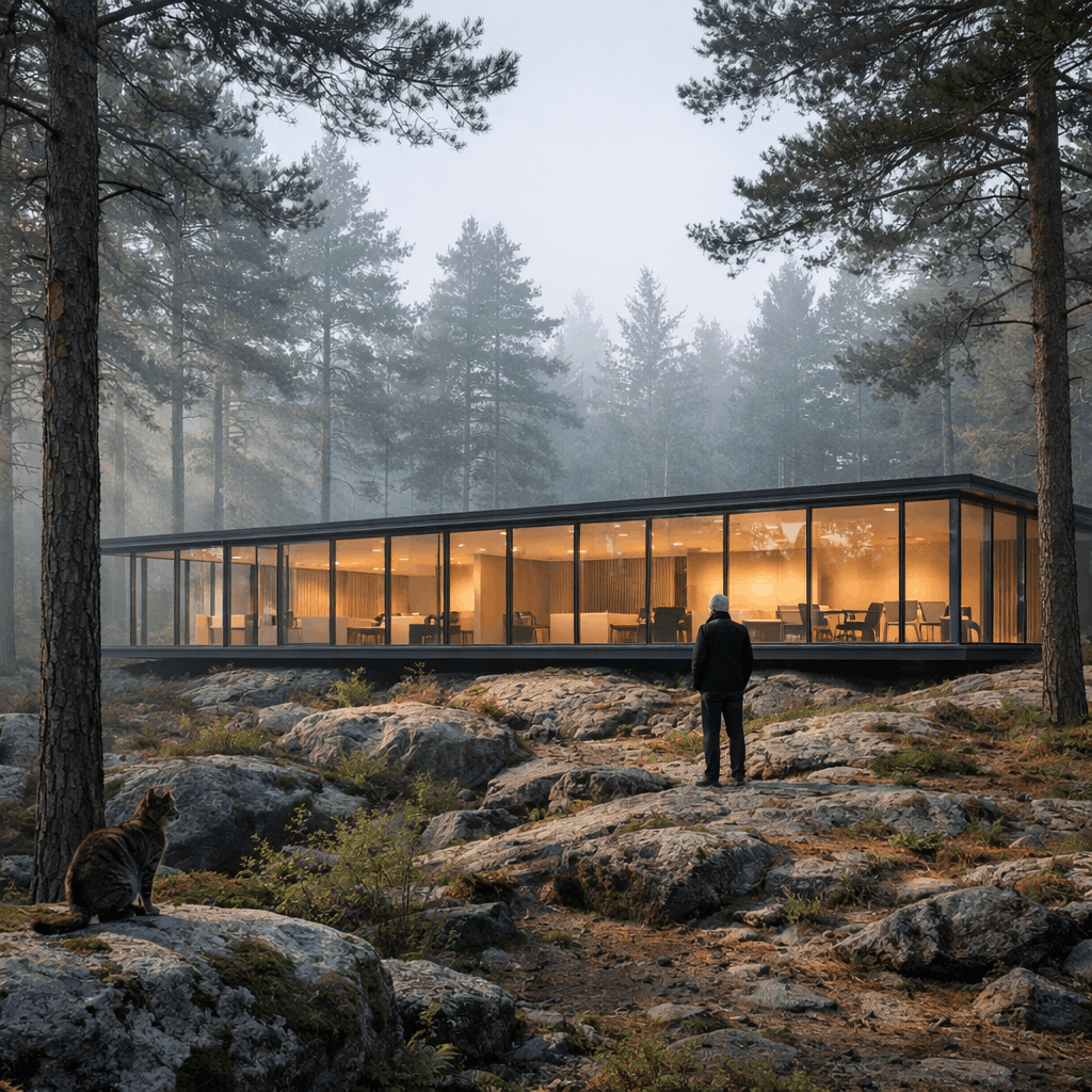 Glass pavilion lit at dusk in a pine forest