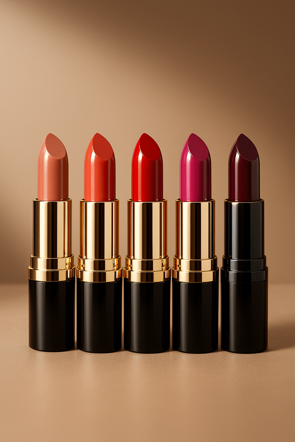Five lipsticks in a row, from coral to deep burgundy