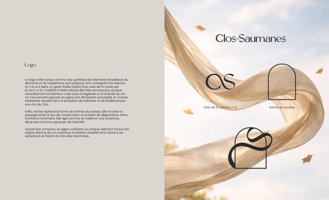 Logo presentation board: the Clos des Saumanes wordmark, the CS monogram drawn from a linen veil and the arch of the cellar entrance