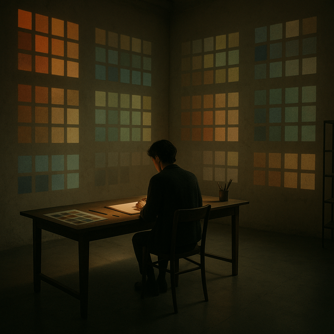 Designer working at a desk in a room lined with color swatches