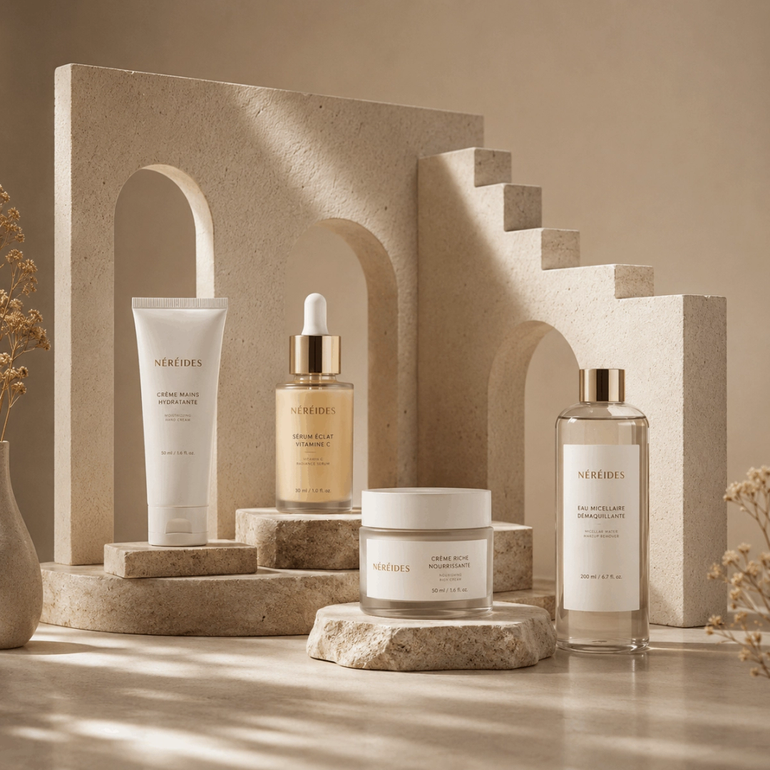 Skincare range staged on stone arches and steps