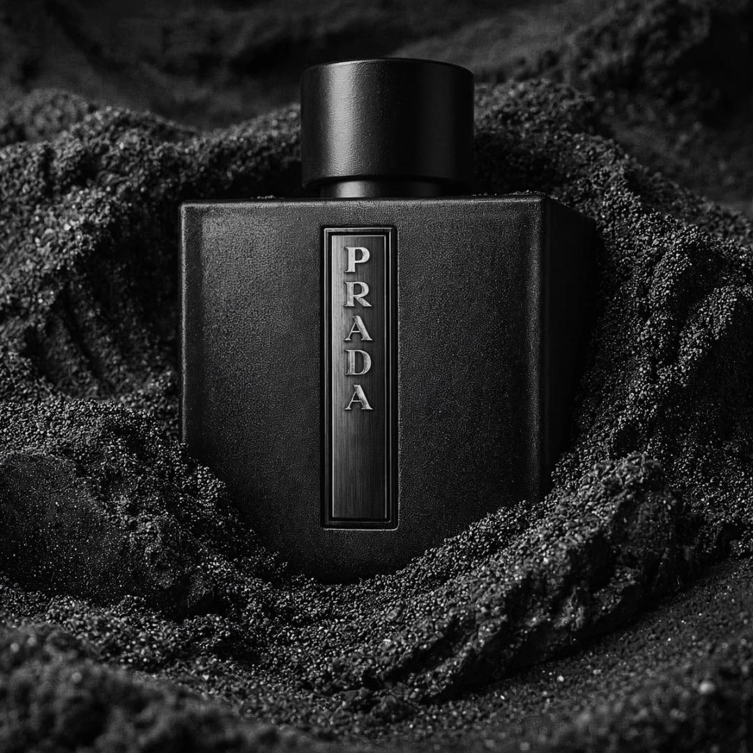 Black perfume bottle half buried in dark sand
