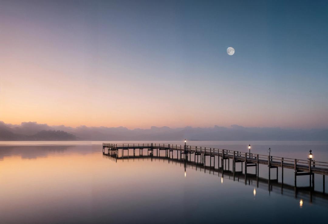 Long jetty on a calm lake at dusk
