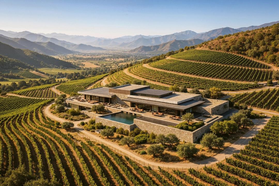 Aerial view of a modern estate among vineyards in a valley