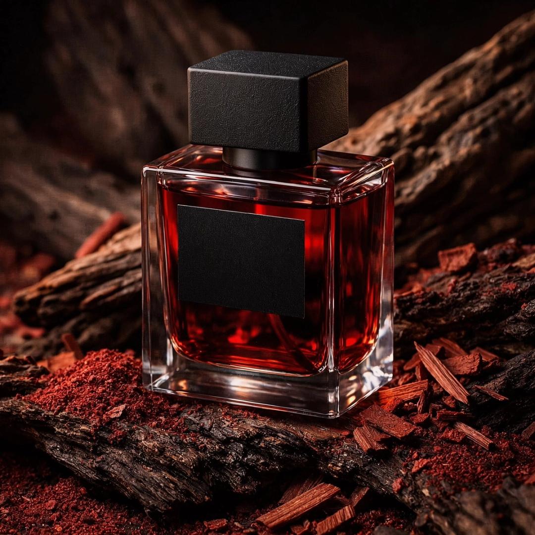 Red perfume bottle on bark and wood shavings