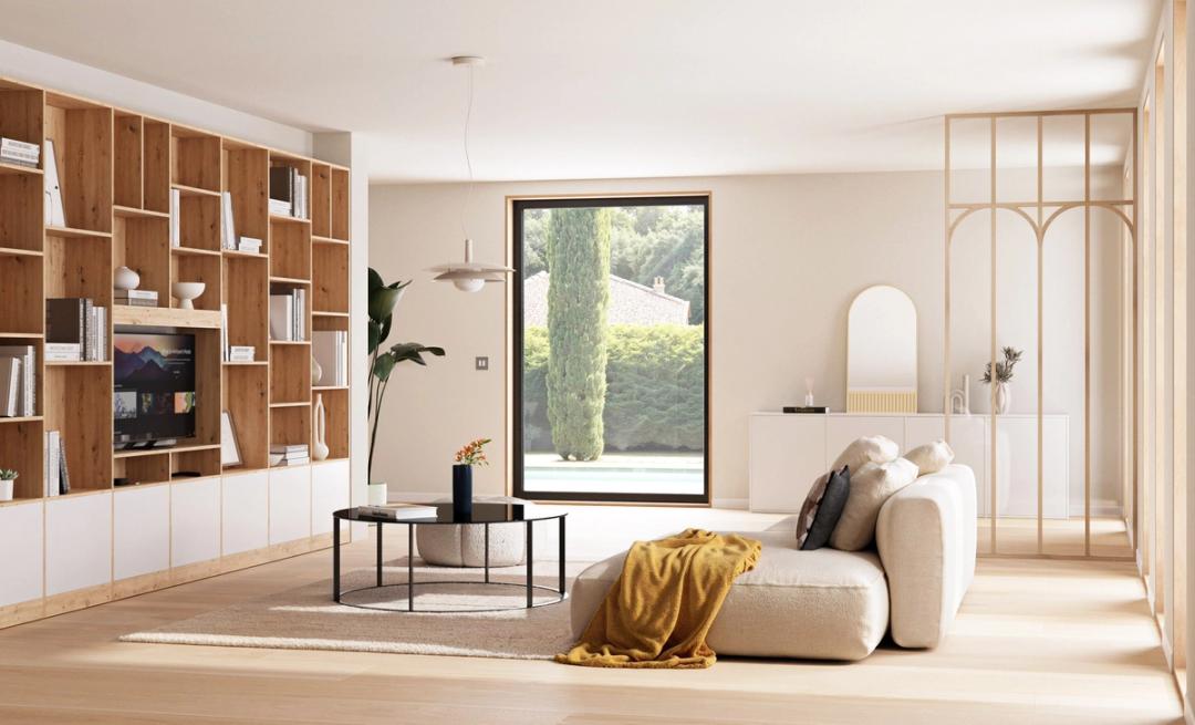 Rendering of a living room with a built-in bookcase and a cream sofa