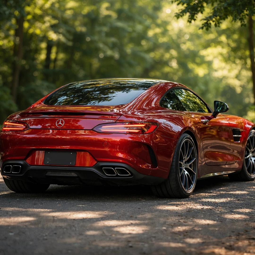 Red sports car seen from behind on a forest road
