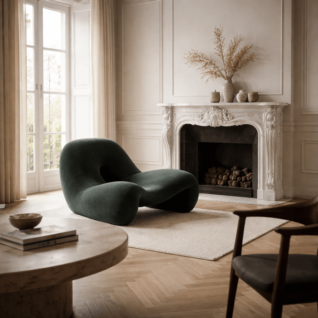 Green velvet armchair by a classical fireplace