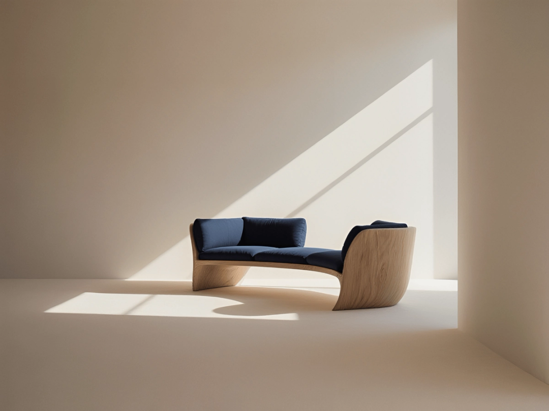 Navy and oak daybed in a sunlit white room
