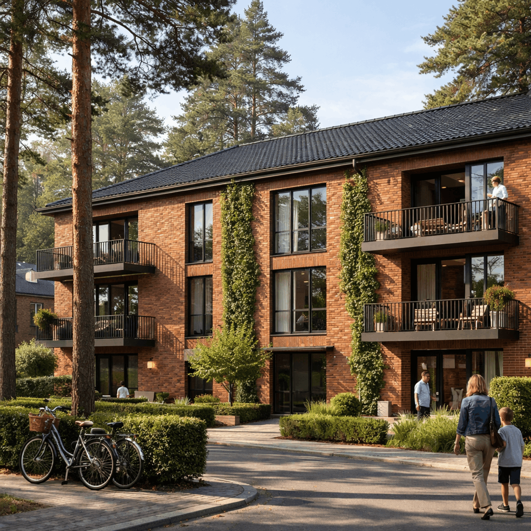 Brick apartment building with climbing plants among pine trees