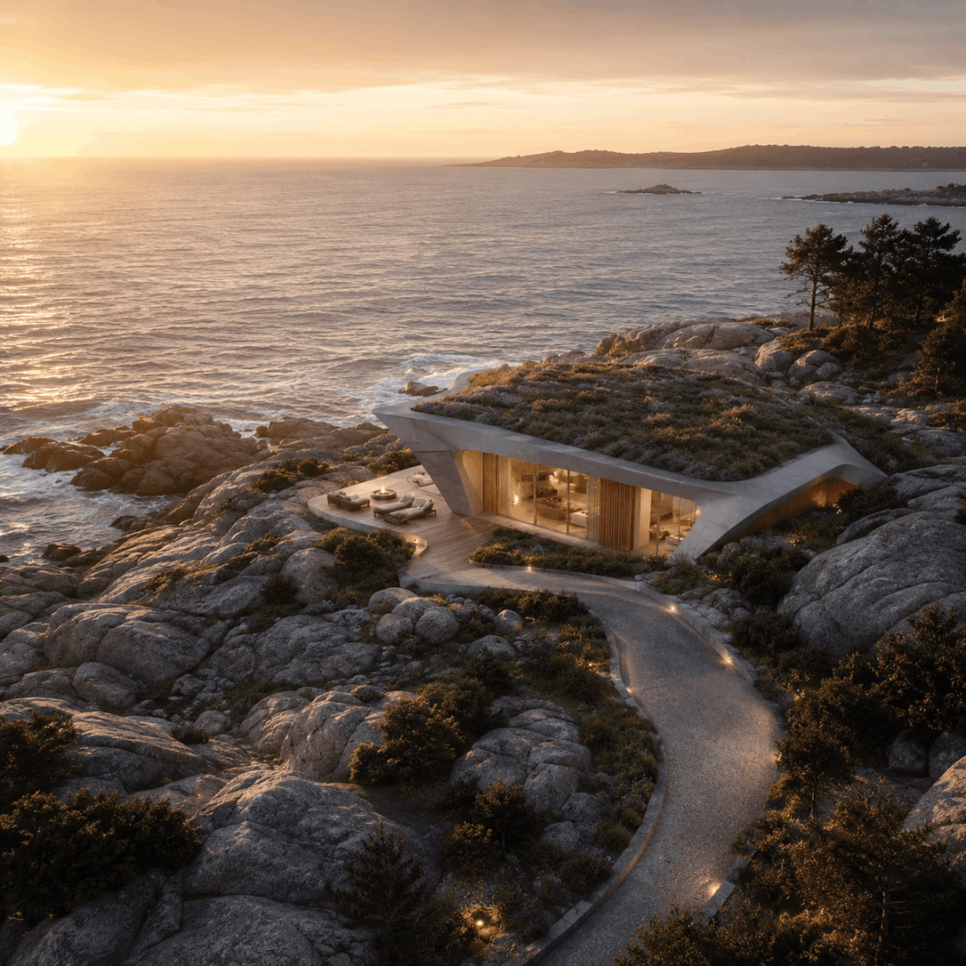 Green roof house set into a rocky seashore at sunset
