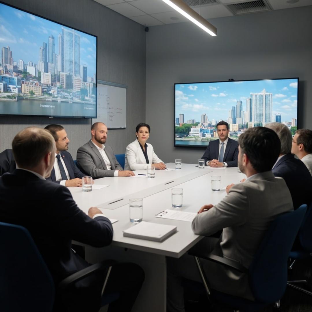 Jury meeting around a table, with city renderings on screen