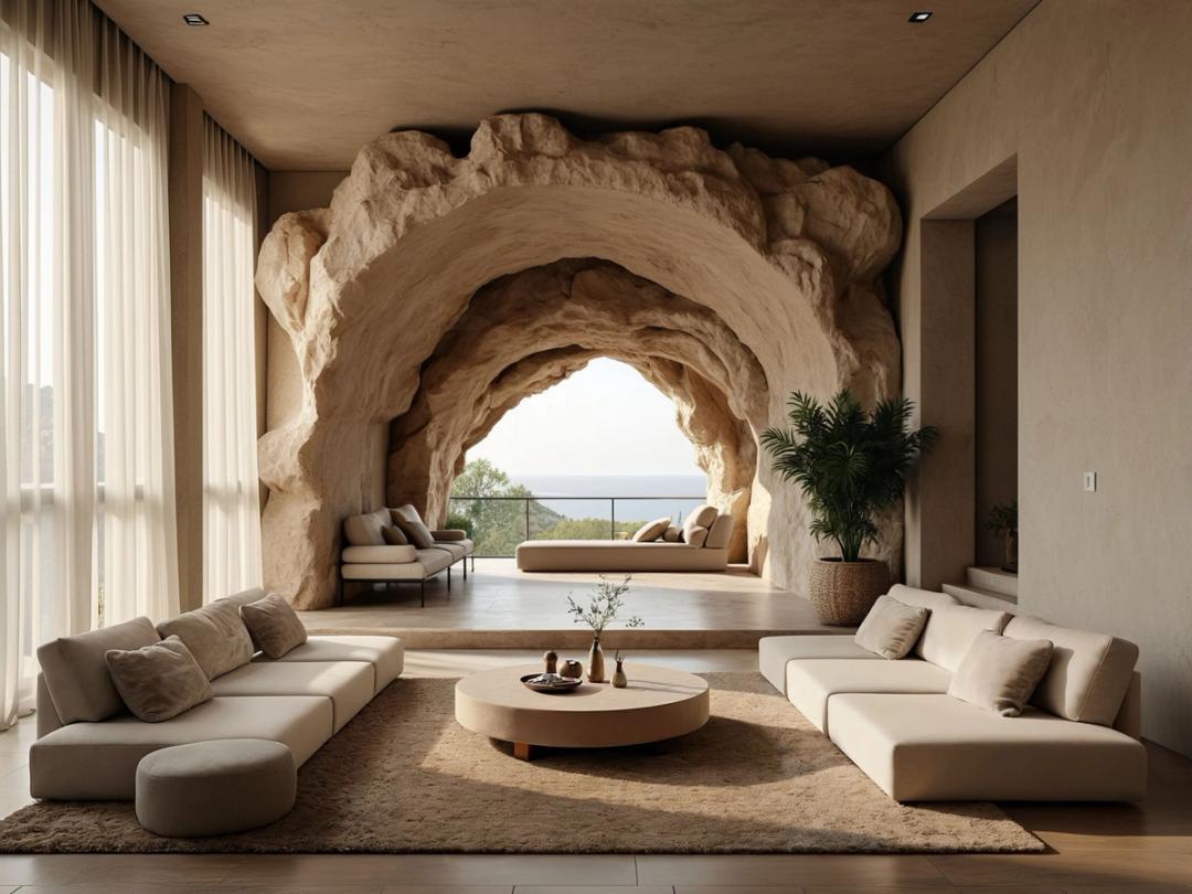 Living room with a sculpted stone archway framing a sea view