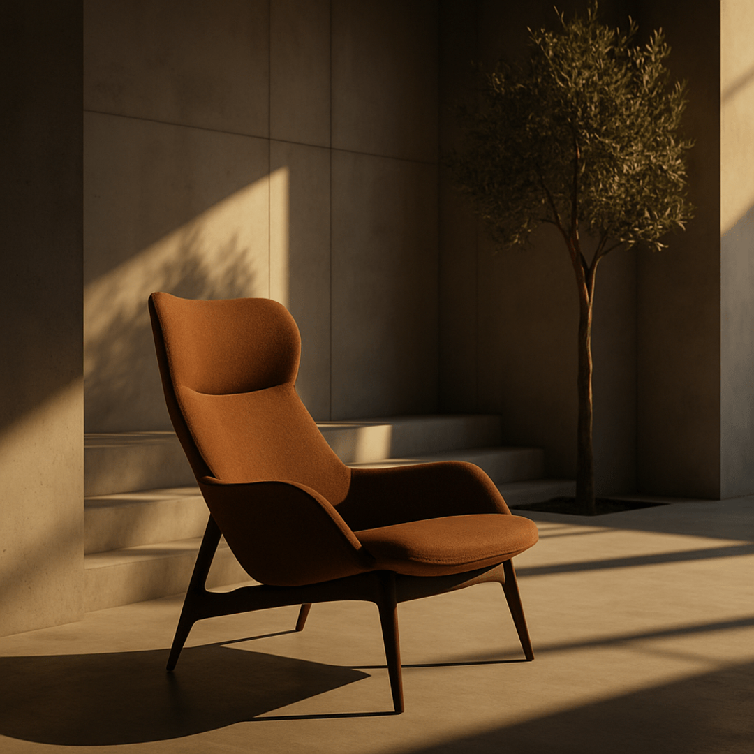 Tan lounge chair in a sunlit concrete room