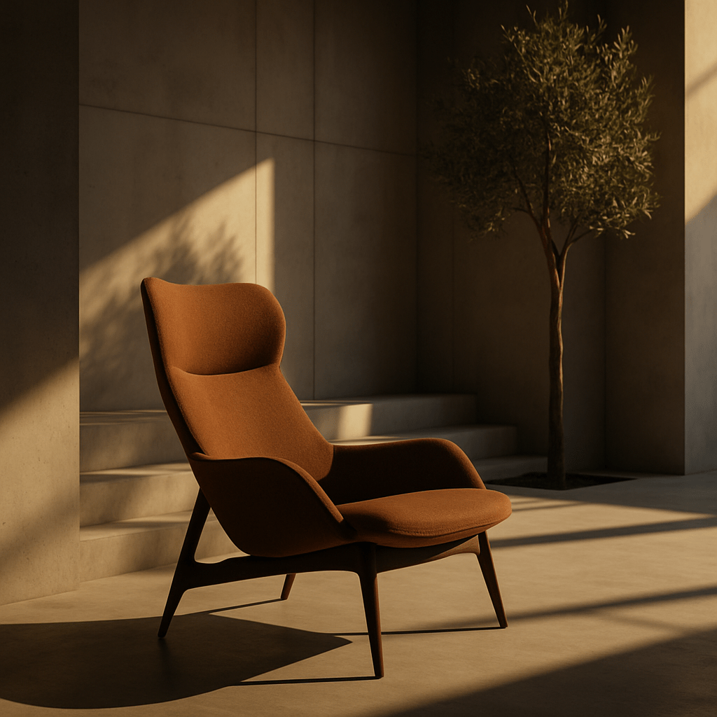 Tan lounge chair in a sunlit concrete room