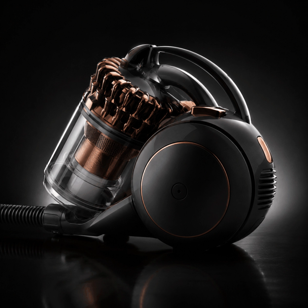 Black and copper canister vacuum cleaner on a dark background