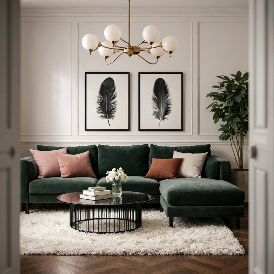 Living room with a green velvet sofa and framed feather prints