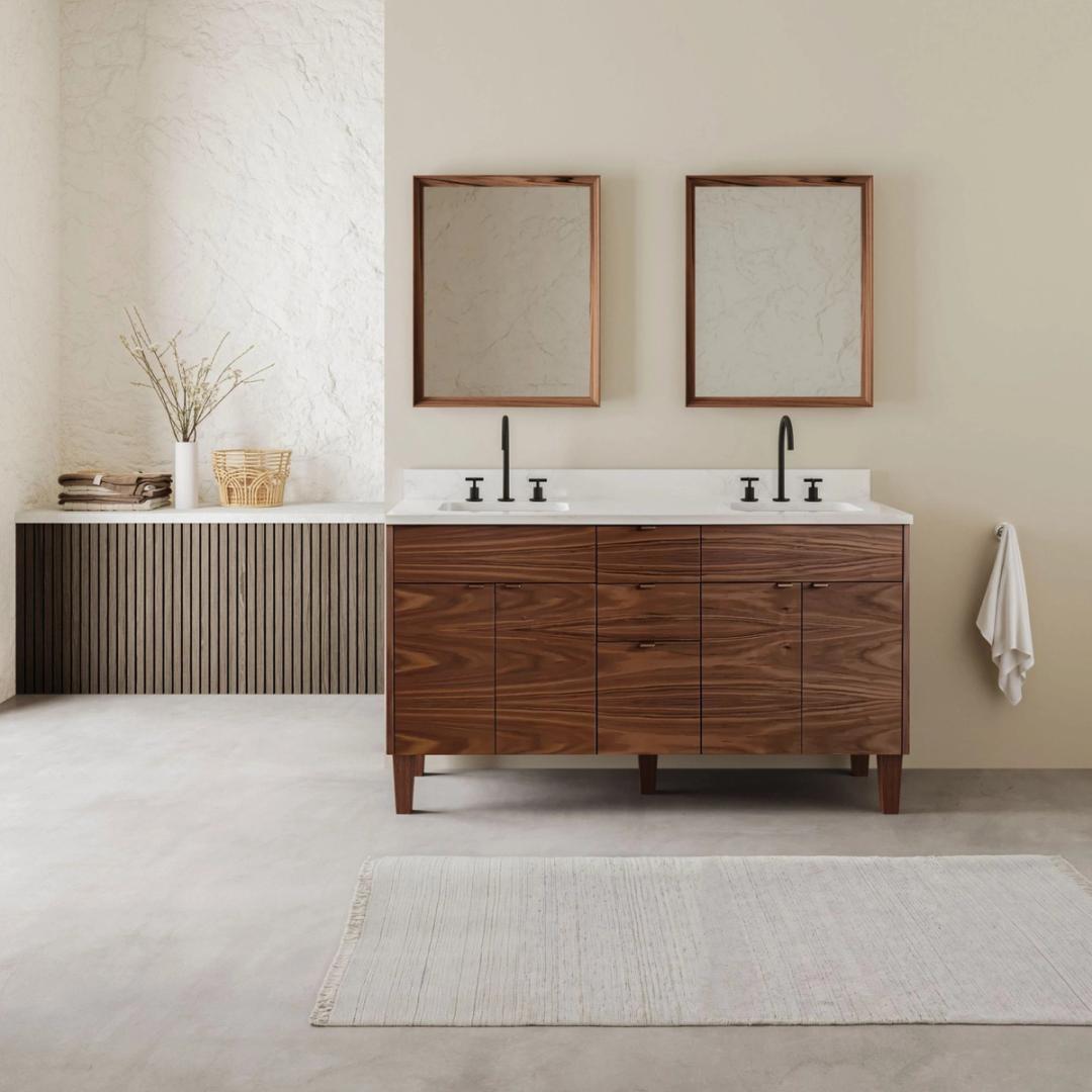 Walnut double vanity with framed mirrors