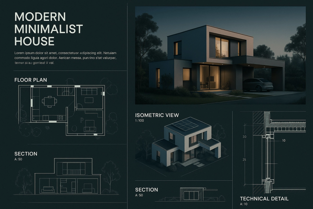 Presentation board for a modern minimalist house with plans and sections
