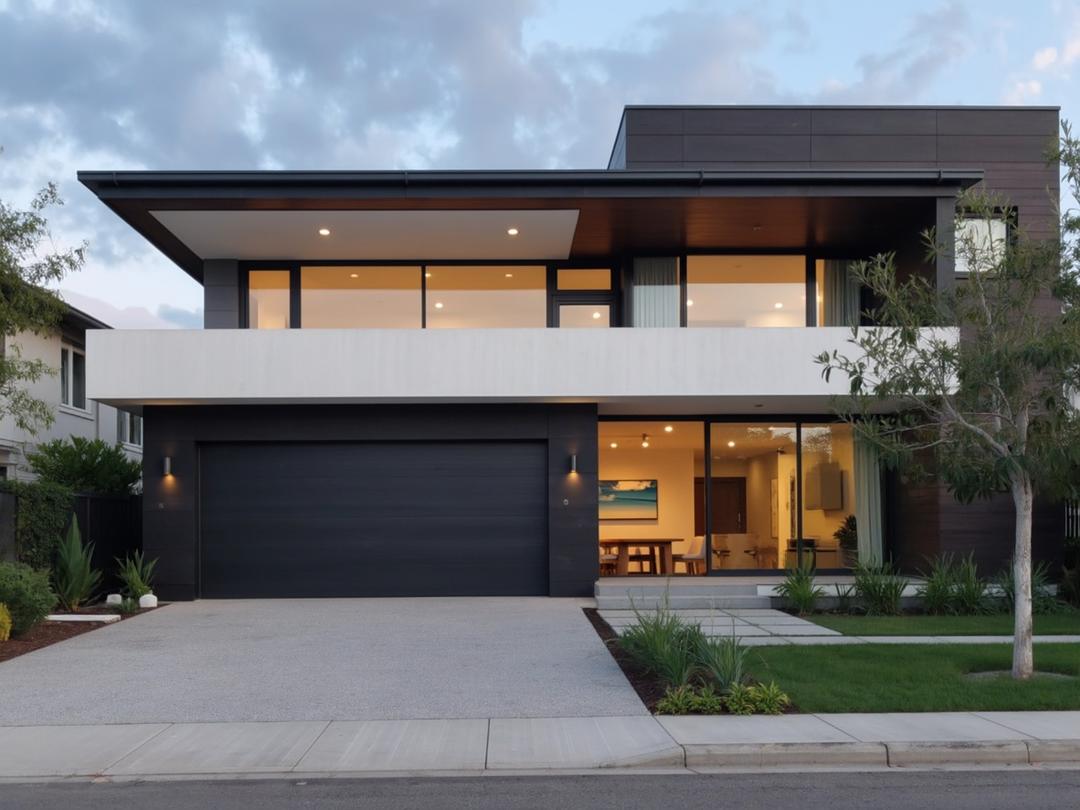 Two storey modern house with a garage at dusk