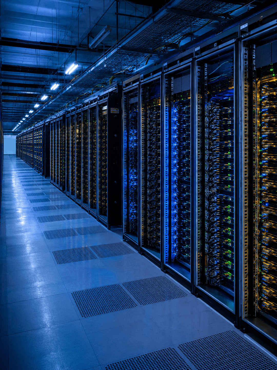 Aisle of server racks in a data center