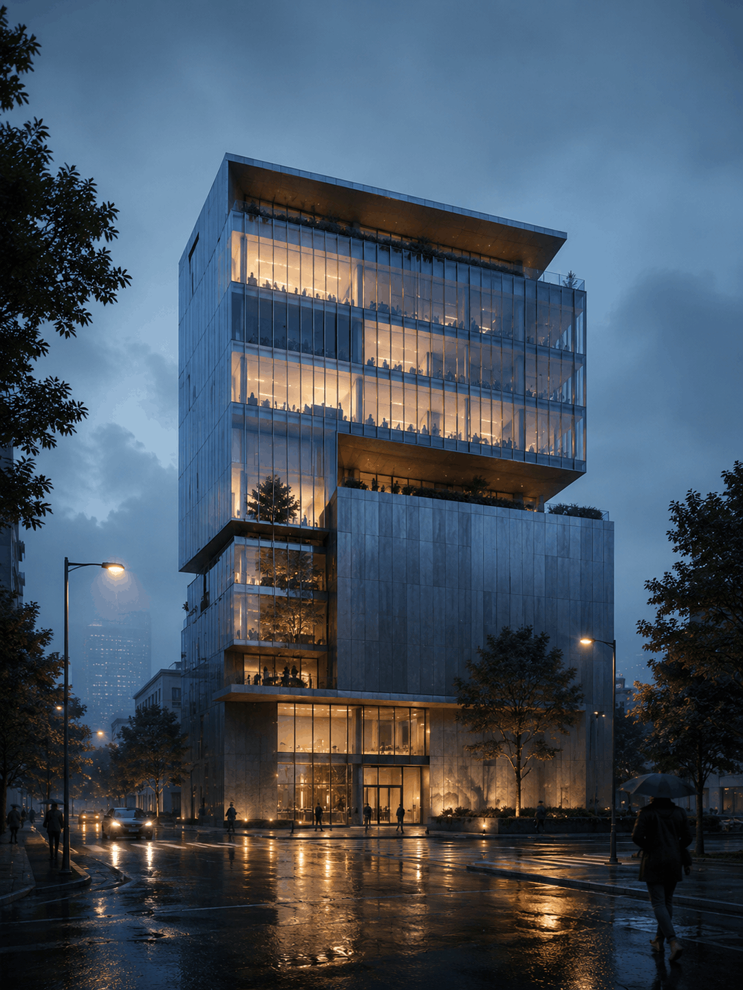 Evening rendering of a glazed residential tower after rain